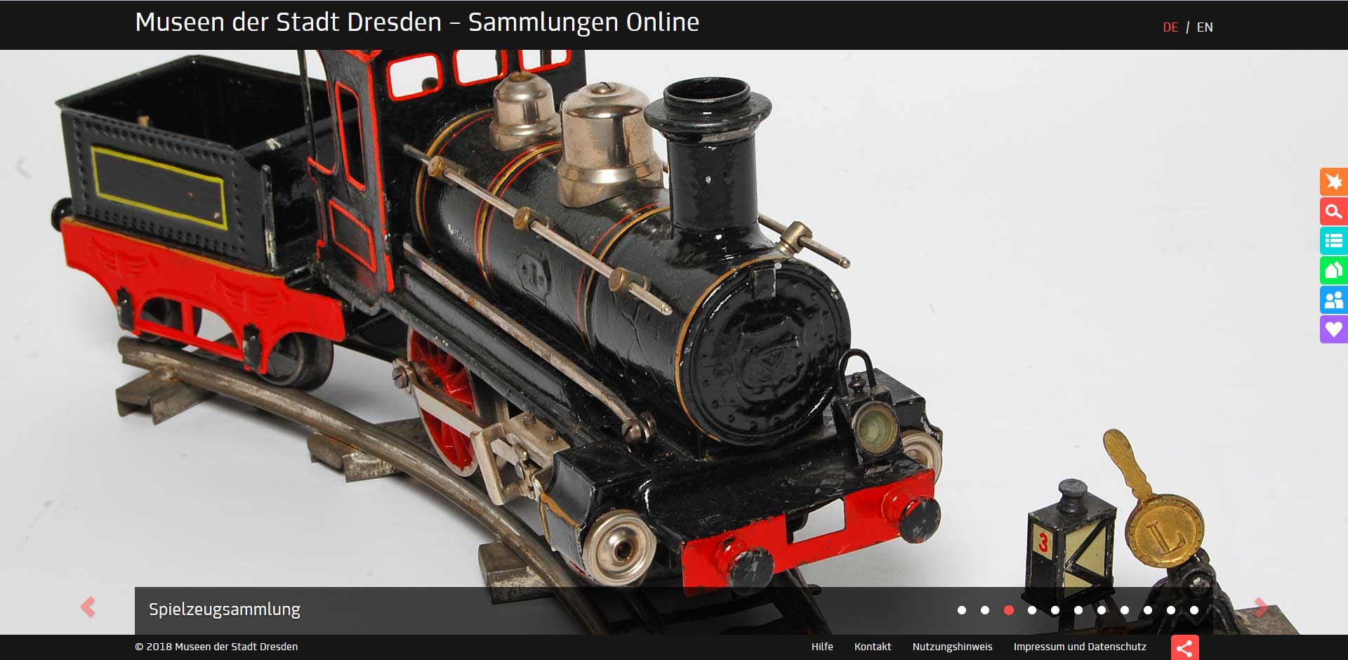 Zu sehen ist ein Screenshot der Sammlungsdatenbank. Eine Eisenbahn aus der Spielzeugsammlung des Stadtmuseums ist groß im Bild.